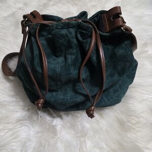 Empress Emerald Green Drawstring Shoulder Bag with Brown Trim